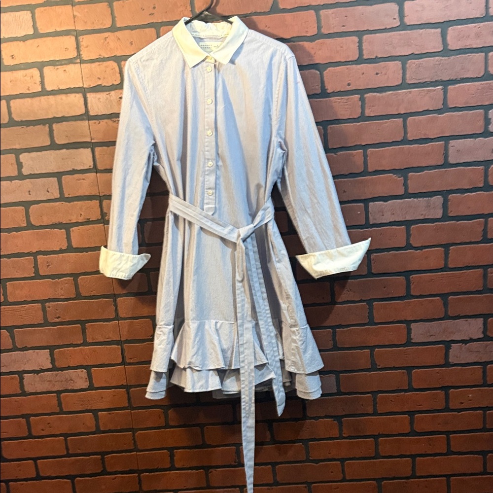Elegant Blue Striped Long Sleeve Dress with Belt